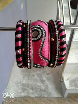 Pink And Black Silk Thread Bangle Set