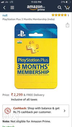 PlayStation Plus 3 Months Membership Card