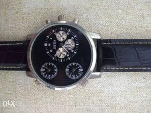 Round Silver-colored And Black Chronograph Watch With Black