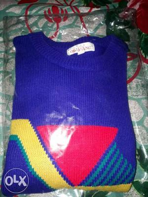 Royal blue colour sweater with yellow and red