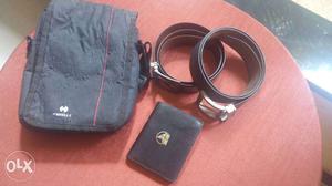 Two Black Leather Belts, leather purse And Bag