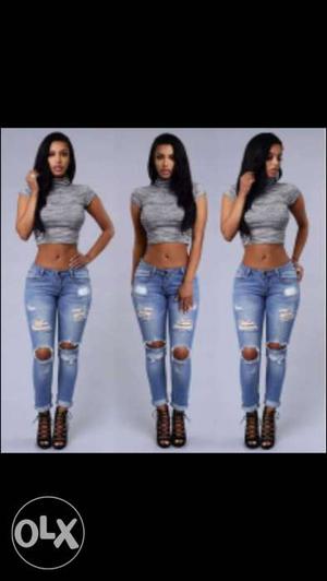 Women's Gray Crop Top And Distressed Blue-washed Jeans