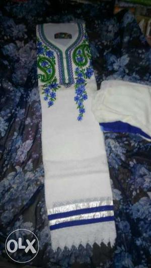 Women's White, Blue And Green Sari