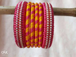 Yellow and pink combination silk thread bangles