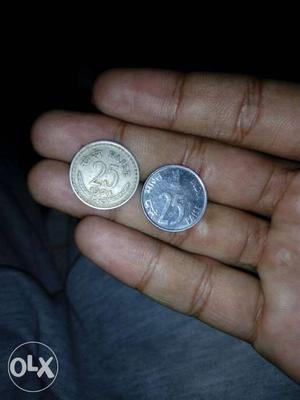 Two Round Silver 25 Paise Coins