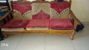 Beige And Red Fabric Padded 3-seat Sofa With Brown Wooden