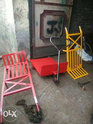 Red And Gray Pallet Truck;two Red And Yellow Hand Trucks