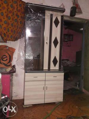 White And Brown Wooden Cabinet With Drawer And Mirror