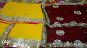 Yellow, Silver, And Red Fabric Textiles