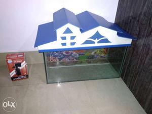 Blue And White-framed Fish Tank with filter.. 1.5 feet L x 9