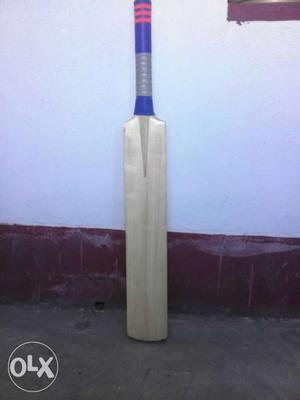Blue Handled Beige Wooden Cricket Bat