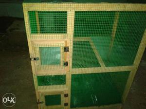 Brown Wooden Framed Green Plastic Mesh Animal Cage