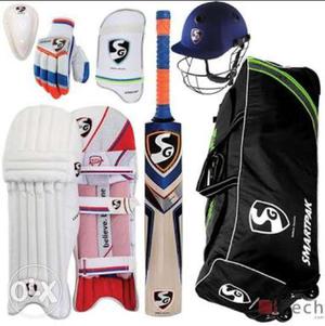 Pair Of White Cricket Batting Pads And Brown Wooden Bat And