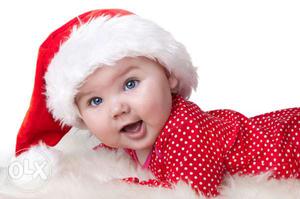 Baby's Red And White Polka-dot Shirt And Santa Hat