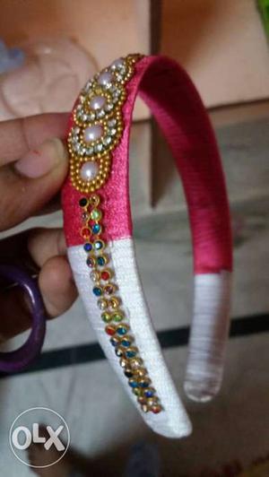 Pink And White Silk-thread Headband