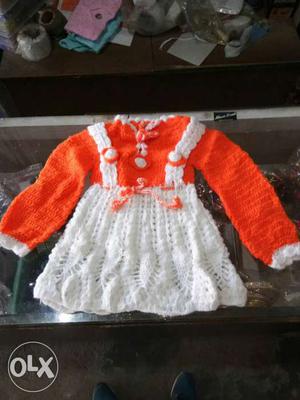 Red And White Knitted Long-sleeved Dress