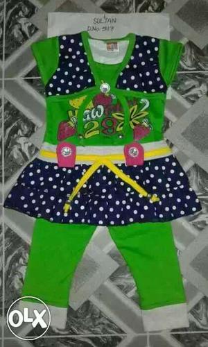 Toddler's Green And Black Polkadot Dress And Pants