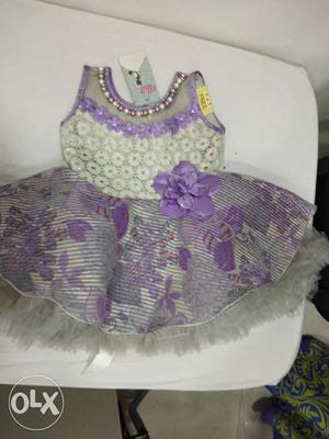Toddler's White And Purple Floral Crew-neck Sleeveless Dress