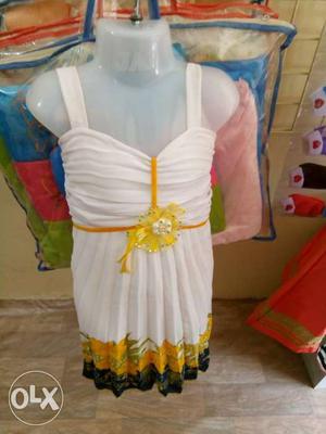 White And Yellow Sleeveless Mini Dress
