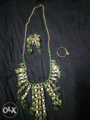 Green And Gold Beaded Necklace, Ring And Earrings