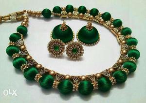 Green And Gold Thread Bracelet With Earrings