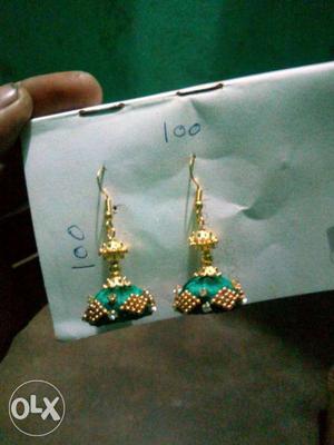 Pair Of Gold And Green Silk Thread Earrings