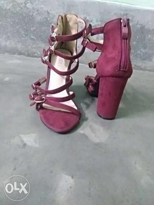 Pair Of Maroon Suede Back-zip Open-toe Ankle-strap Chunky