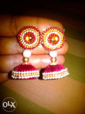Pair Of Pink And White Dangling Earrings