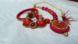 Red And Gold Thread Jhunka Earrings, Necklace And Bracelet