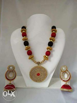 Red, Black, And Gold-colored Necklace And Jhumka Earrings