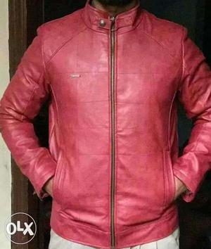 Red Leather Zip-up Bomber Jacket