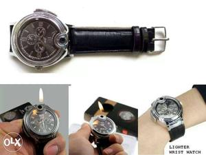 Round Silver Chronograph Watch Lighter With Black Leather
