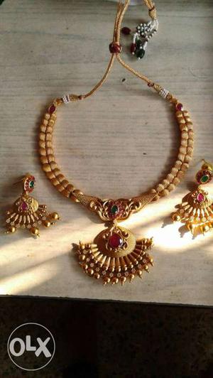 Two Gold And Red Beaded Necklaces With Earring Set
