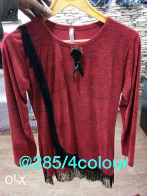 Women's Maroon And Black Long-sleeves Blouse