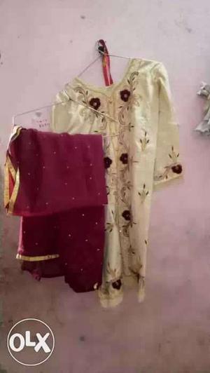 Beige And Red Floral Long-sleeved Traditional Dress