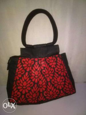 Black And Red Floral jute Tote Bag