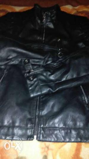 Black Leather Zip-up Biker Jacket