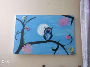 Blue And Black Owl Perch On Branch Paining