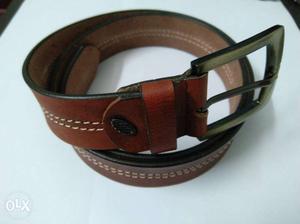 Brown Leather Belt With Gold Gray Buckle