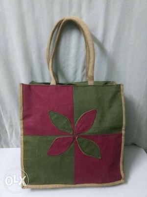 Green And Pink Floral Leather Tote Bag