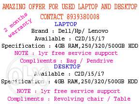 Offer for used laptop and desktop with warranty