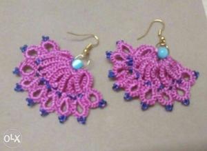 Pair Of Blue-and-pink Knitted Hook Earrings. Needle tatting.