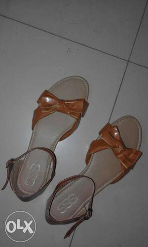 Pair Of Brown Leather Open-toe Flats