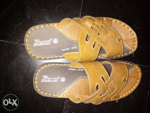 Pair Of Brown Paragon Leather Slip-on Slide Sandals