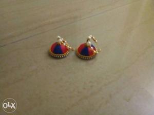 Pair Of Gold-red-and-blue Silk Thread Earrings