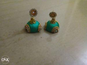 Pair Of Green Silk-thread Jhumkas Earrings