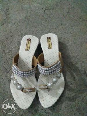 Pair Of Women's White-and-brown Leather Sandals