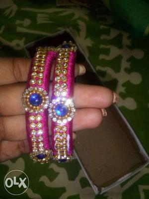 Pink Beaded Blue Gemstone Thread Bangles
