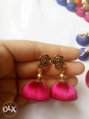 Pink Thread Jhumkas Earrings