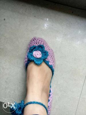 Purple And Blue Crochet House Slipper With Floral Accent